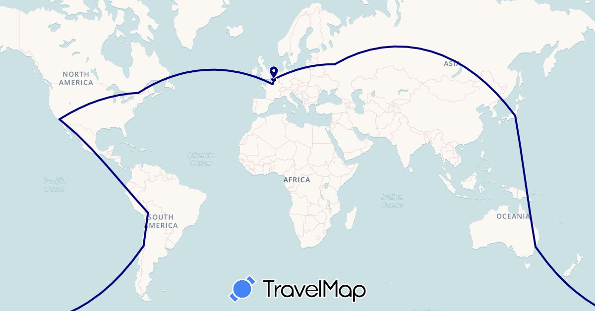 TravelMap itinerary: driving in Australia, Bolivia, Canada, Chile, France, Japan, Russia, United States (Asia, Europe, North America, Oceania, South America)